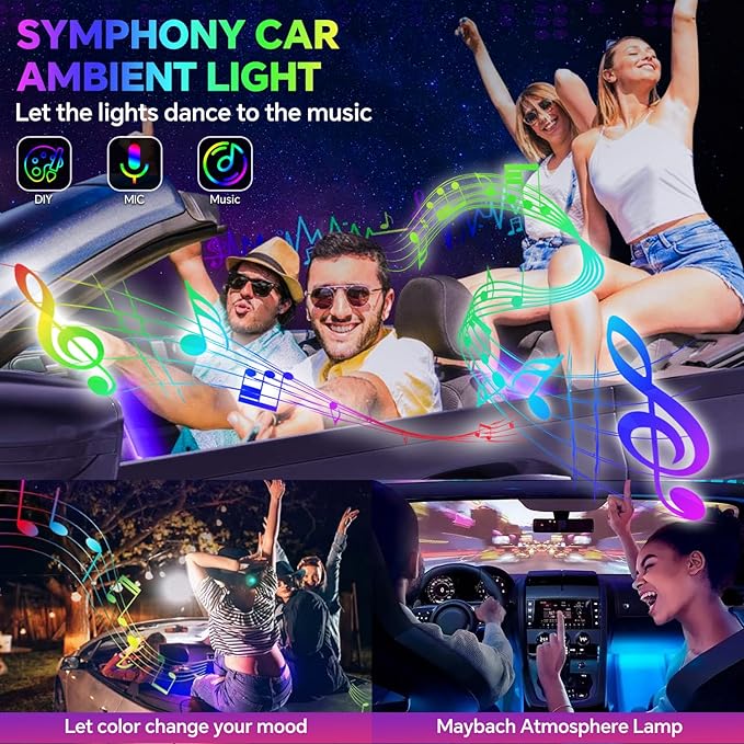 Dream Color Acrylic Interior Car Ambient Light Kit, Bphuny 18 in 1 593 LEDs Fiber Optic Multiple Modes Decoration Atmosphere Lights with Music Dynamic Rainbow Rhythm, RGB Neon Lights for All Cars
