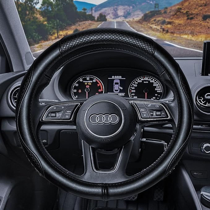 Haokay Heavy Duty Pure Cowhide Steering Wheel Cover, Genuine Leather Steering Cover with 15 Inches Universal Fit