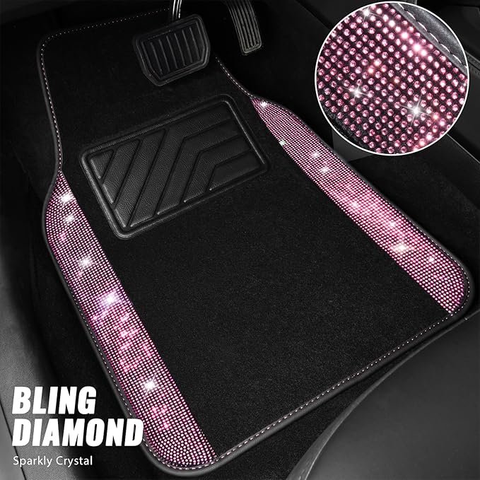 CAR PASS Bling Diamond Leather Steering Wheel Cover 14.5in-15in Floor Mats Shining Rhinestone Carpet Sparkly Glitter Crystal Anti-Slip Pad Fit Automotive SUV Pickup Truck Girl Women, 5pcs Black Pink