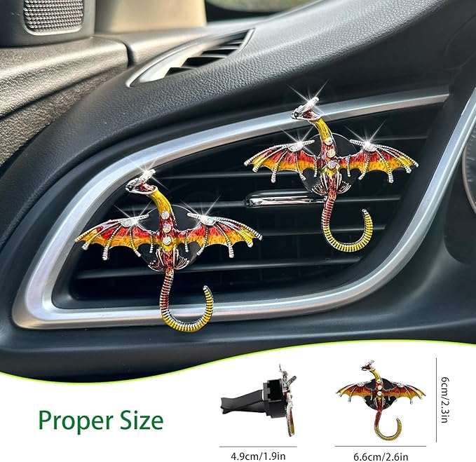 Dargon Car Accessories,Fire Dragon Air Vent Clips Car Air Freshener,2pcs Bling Red Yellow Enamel Wyvern Dashboard Decorations,Refillable Outlet Diffuser