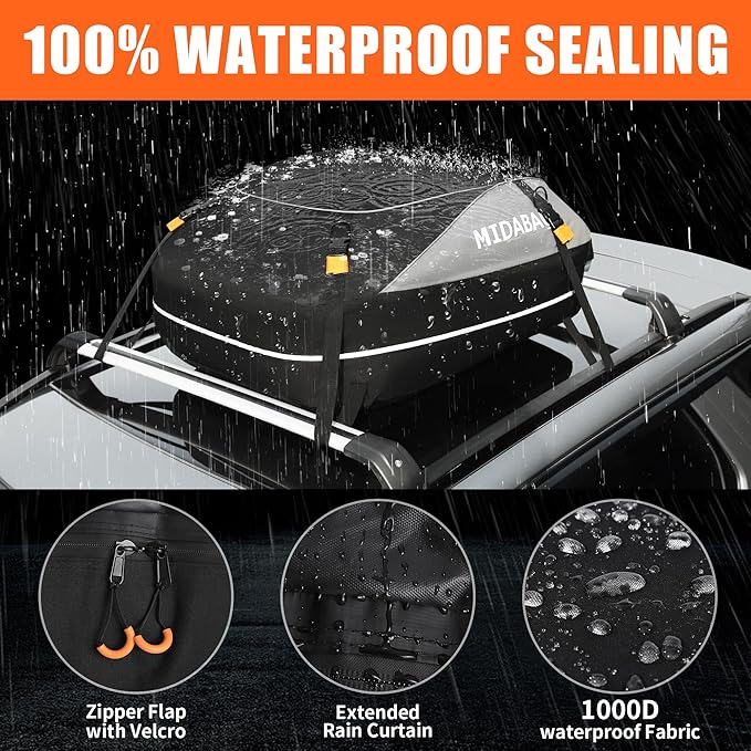 MIDABAO Waterproof Duty Car Roof Top Carrier-Car Cargo Roof Bag Car Roof Top Carrier - Waterproof & Coated Zippers- Includes Anti-Slip Mat- for Cars with or Without Racks (12 Cubic feet)