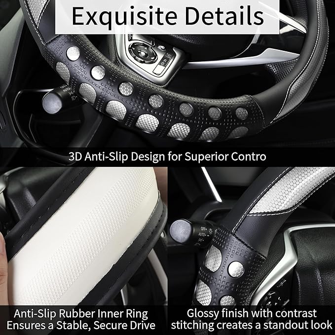 Leather Car Steering Wheel Cover with Anti-Slip Grip, for Women and Men, Universal Fit for 14.5-15 Inch Cars, Trucks, SUVs (Gray (Round), Medium(Standard) Size[14 1/2''-15''])