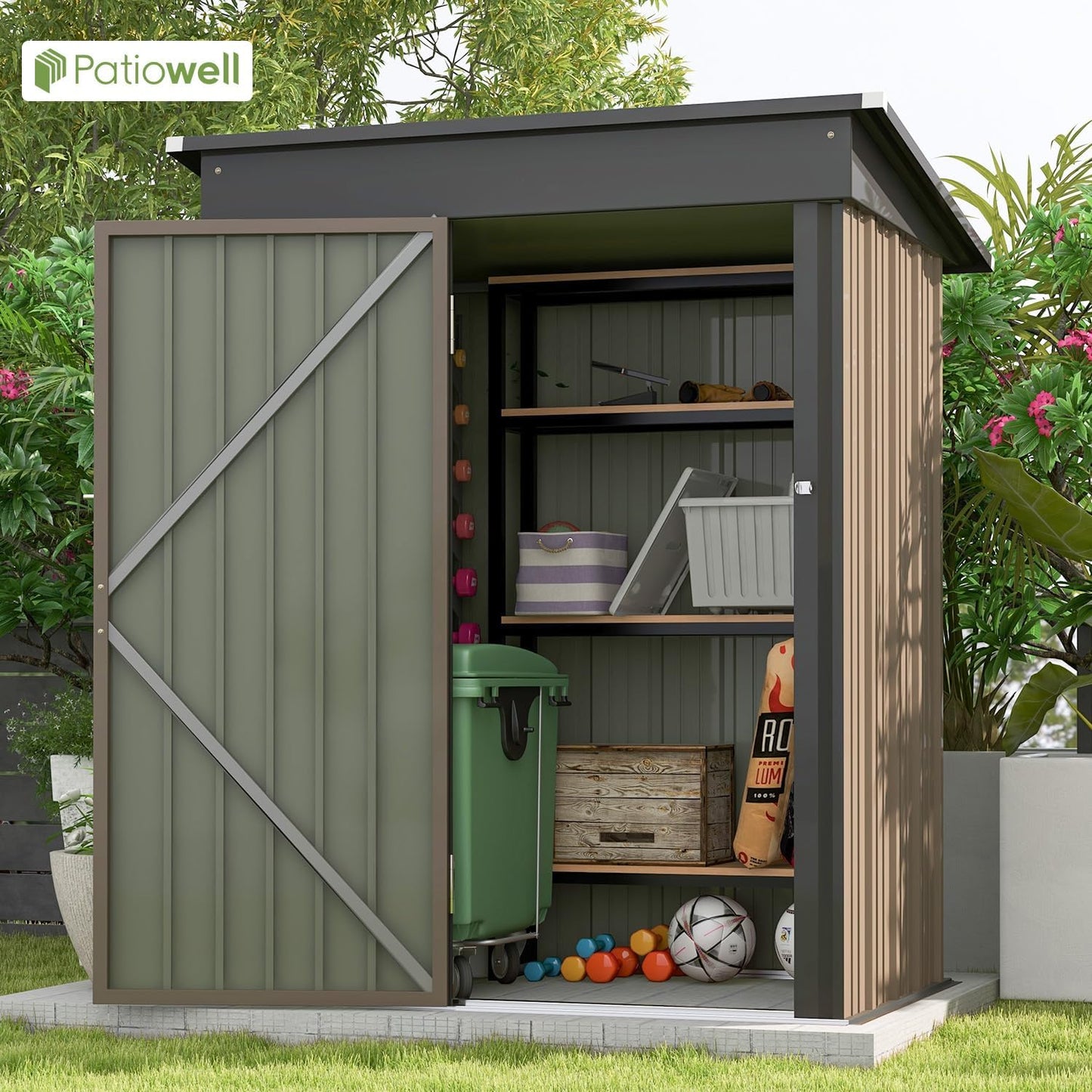 Patiowell 5x3 FT Outdoor Storage Shed, Tool Shed with Sloping Roof and Lockable Door, Metal Shed for Backyard Garden Patio Lawn, Brown
