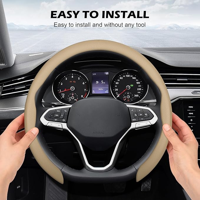 frani Nappa Leather Steering Wheel Cover, Universal 15 Inch Premium Non-Slip Steering Wheel Cover Beige