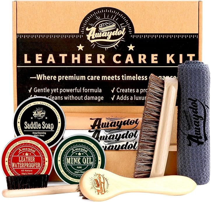 10 PCS Leather Boot Care Kit - Horsehair Brushes,Saddle Soap,Waterproofing Wax,Mink Oil Conditioner,Polishing Cloth,Microfiber cloth,Shoe Shine Cleaning Kit Gift for Men Cowboy Husband Dad ﻿