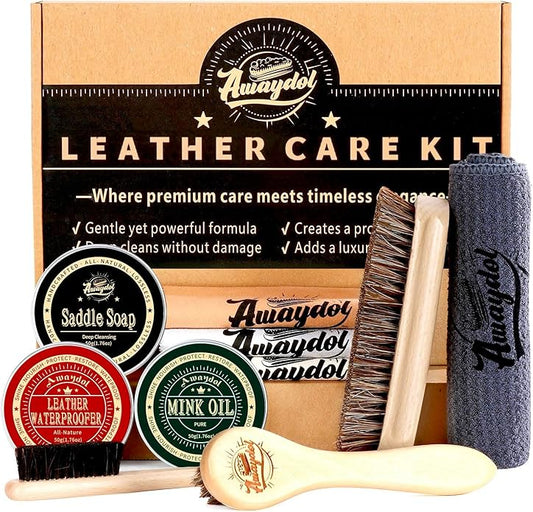 10 PCS Leather Boot Care Kit - Horsehair Brushes,Saddle Soap,Waterproofing Wax,Mink Oil Conditioner,Polishing Cloth,Microfiber cloth,Shoe Shine Cleaning Kit Gift for Men Cowboy Husband Dad ﻿