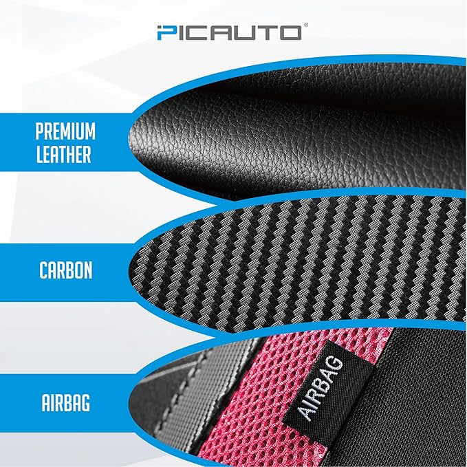 PIC AUTO Leather Car Seat Covers, Sports Carbon Fiber & Mesh Design, High-Back Two Front Set, Waterproof Automotive Seat Covers, Airbag Compatible, Universal Fit for Most Cars (Black & HotPink)