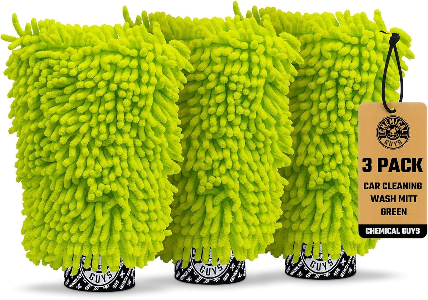 Chemical Guys, Chenille Premium Scratch-Free Microfiber Wash Mitt, Lime Green, 9.6" x 2.3" x 7" (3 Pack) - MIC49303