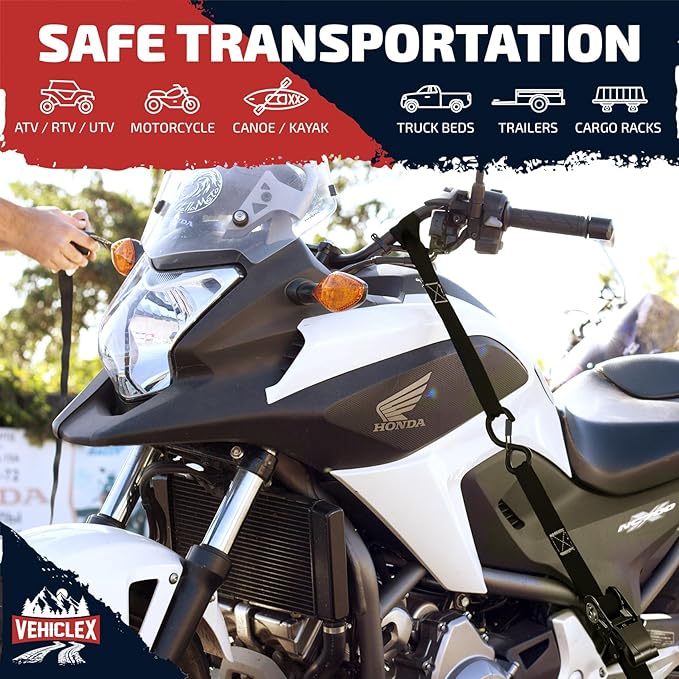 Ratchet Tie-Down Straps Set - (1" x 15', 2200lbs Breaking Strength) - Vehiclex Soft Loops, Coated S-Hooks, Storage Bag for ATV, Motorcycle, Bicycle, Kayak, Cargo Securing, Silver