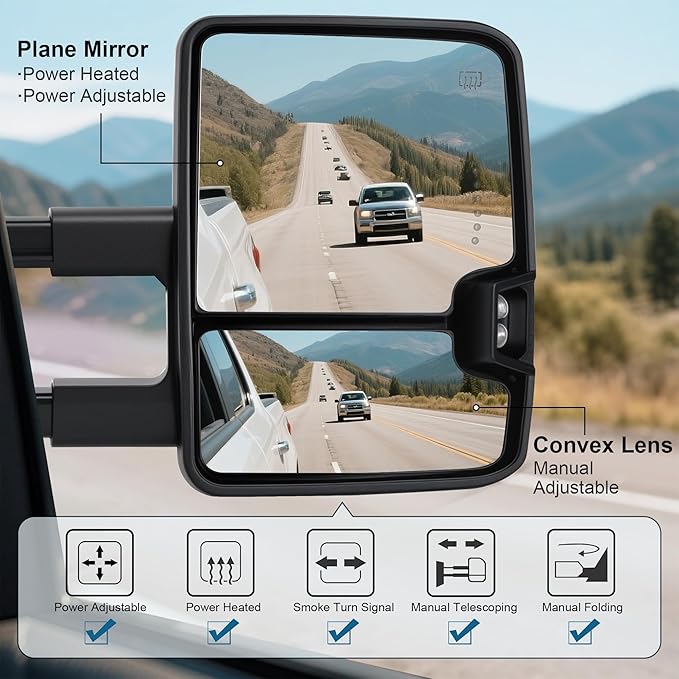 Tow Mirrors Compatible with 2007-2021 Tundra, 2008-2017 Sequoia, Extended Trailer Towing Side Mirrors with Sequential Switchback Turn Signal, Power Heated, Backup Light, Arrow Light, Black