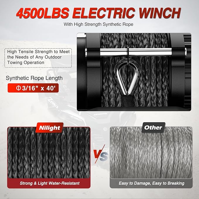 Nilight ATV UTV Electric Winch 12V 4500 lb Winches for Towing Trailer Truck Jeep Off Road Portable Waterproof IP67 Winch with Synthetic Rope Wireless & Wired Remote Control Hawse Fairlead Mount Plate