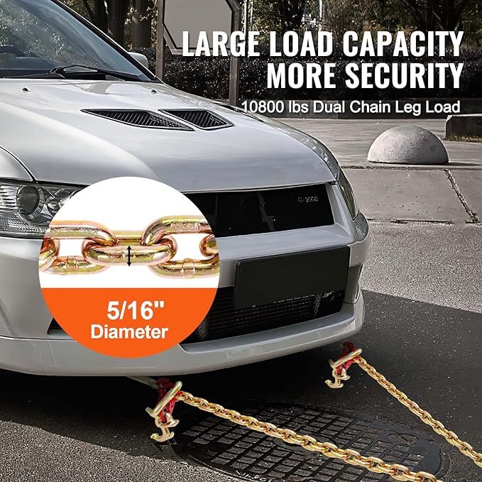 VEVOR G80 V Bridle Chain, 5/16" x 3' Towing Chain Bridle with R Hooks, T Hooks, J Hooks and Grab Hooks, Transport Tow Chain Bridle with 10800 lbs Safe Working Load for Flatbed Truck Wrecker Recovery