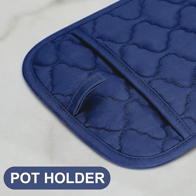 Oven Mitts Pot Holders Sets/Kitchen Towels and Dishcloths, Oven Gloves Kitchen Dish Towels 500 Degree Heat Resistant Potholders with Non-Slip Silicone Surface for Cooking, Grilling, Baking-Marine Blue
