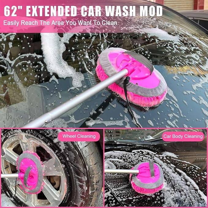 21Pcs Car Wash Kit,62" Car Wash Brush Mop with Long Handle,Car Cleaning Kit,Car Detailing Brush Set,Car Wash Bucket with Filter,Windshield Window Squeegee for Cars RV Truck Boat (Pink)