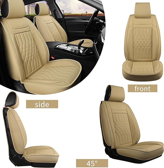 Car Seat Covers 5 Seats Full Set, Waterproof Napa Leather Automotive Seat Protector for Cars SUV Truck Sedan, Universal Anti-Slip Car Seat Cushion Interior Accessories, Beige