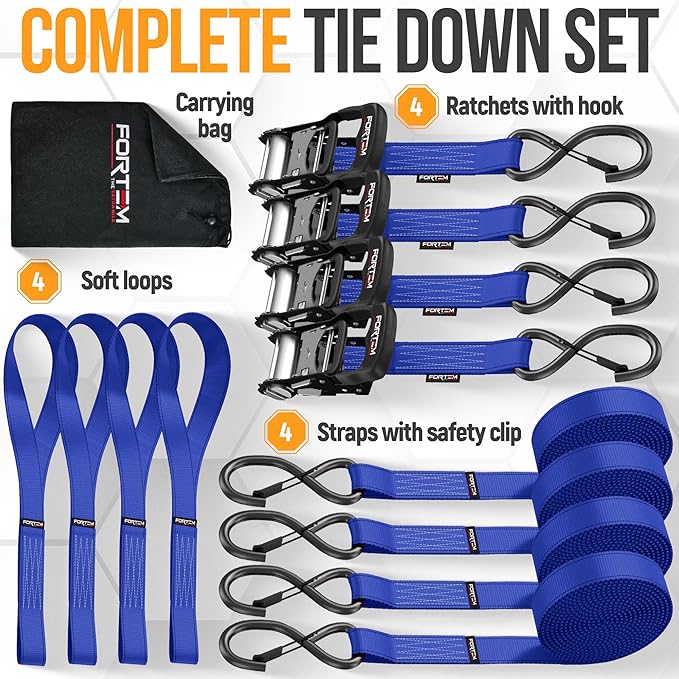 FORTEM Ratchet Tie Down Straps, 5208lb Break Strength, 4 Pack 10ft x 1.5in Heavy Duty Straps, 4 Soft Loops, Cam Buckles for Motorcycles, Safety Lock S Hooks, Carry Bag