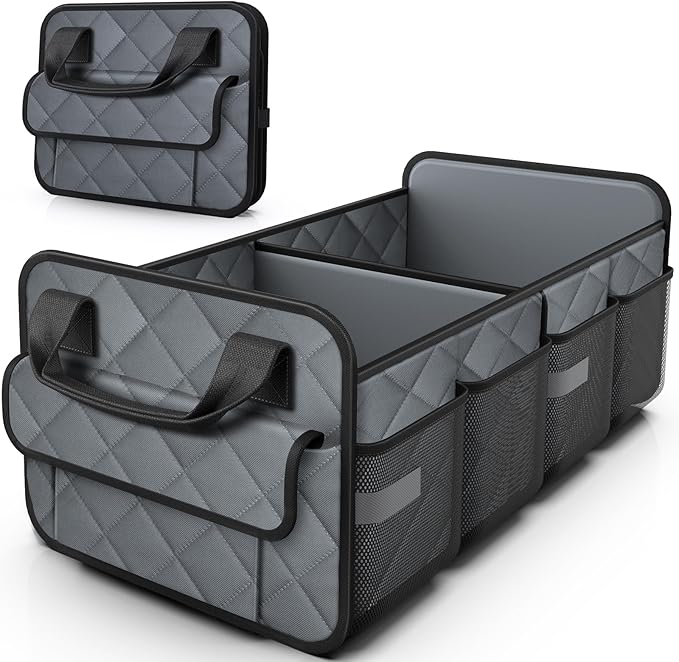 HOTOR Trunk Organizer for SUV – Foldable & Portable Car Organizers and Storage with 2 Compartments, Large Capacity Car Trunk Organizer Car Accessories for Truck Sedan, Grey, 21.7" x 12.8" x 11.0"