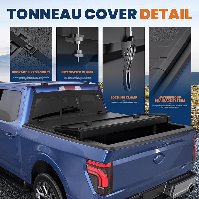 Fiberglass Hard Tri Truck Bed Tonneau Cover Compatible for 2015-2025 Ford F150 F-150 Styleside (Not for Flareside) 5.5FT Bed (incl Utility Track System w/Light Strip)
