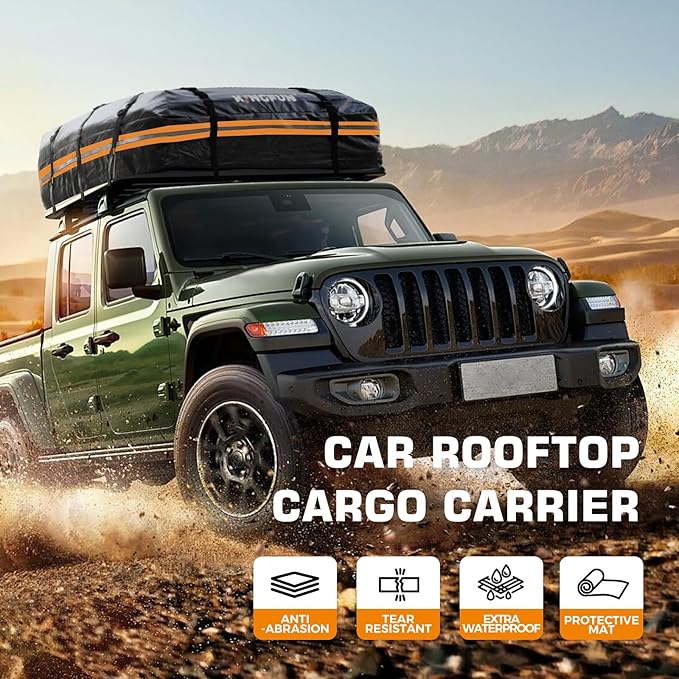 Kingfun Car Rooftop Cargo Carrier – Waterproof 15 Cubic Feet Car Roof Bag Fit All Vehicles with/Without Roof Racks, Includes Anti-Slip Mat, 8 Reinforced Straps & 6 Door Hooks, Luggage Locks