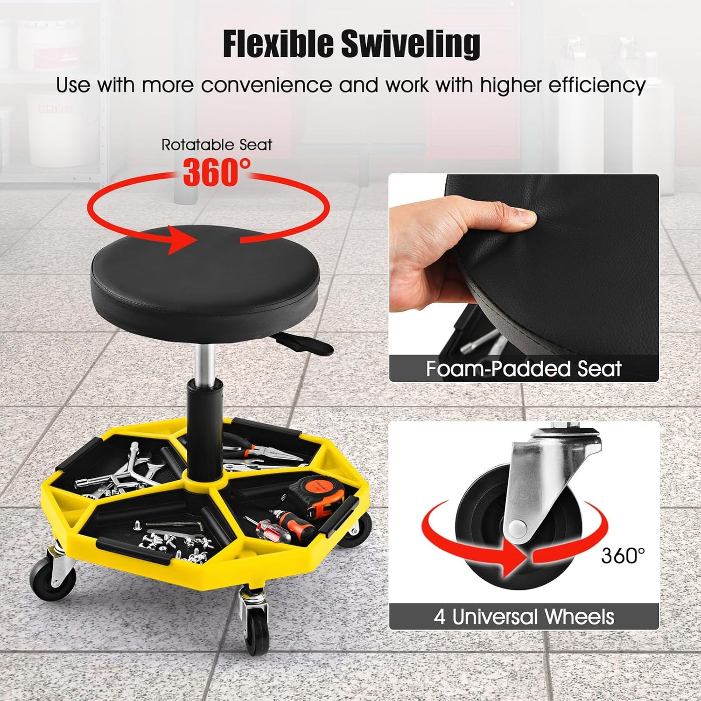 IRONMAX Rolling Mechanic Stool, Adjustable Shop Stool Creeper Seat with Removable Tool Tray, Padded Plush Cushion, Universal Wheels, Heavy Duty Metal Frame, 330 LBS Max Load (Yellow)