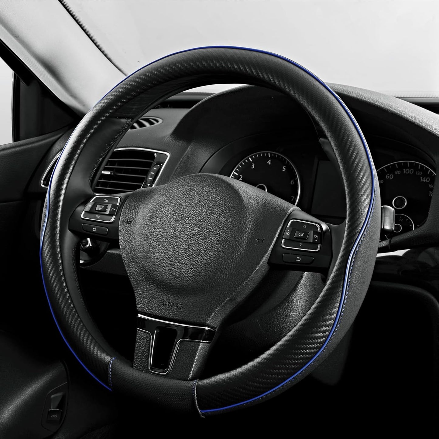 PIC AUTO Steering Wheel Cover, Blue Piping Leather, Sports Carbon Fiber and Super Breathable Leather, Universal 14.5-15.5 Inch Anti-Slip Steering Wheels Accessories for Men & Women