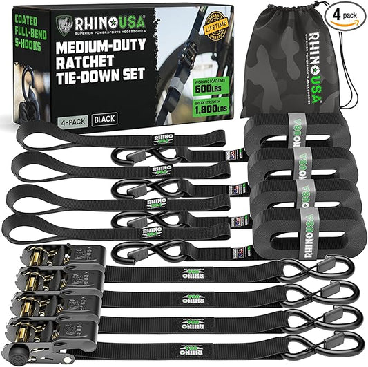 Rhino USA Ratchet Straps Tie Downs (4-Pack) - 1 Inch x 15 Feet (1,823lb Break Strength) - Ultimate Tie Down Straps with Safety S Hooks - for Trucks, Cargo, Moving, Appliances - Black
