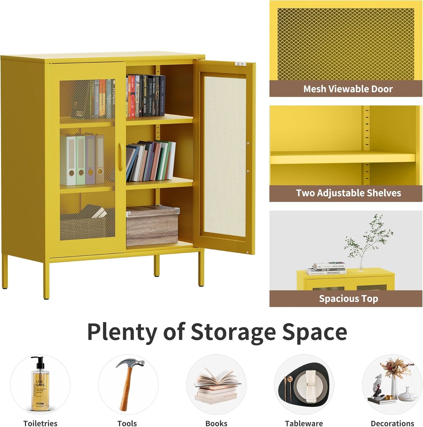 Metal Storage Cabinet with Mesh Doors,Steel Display Cabinet with Adjustable Shelves,Metal Office Storage Locker for Home Office,Garage(Yellow, 40''H)