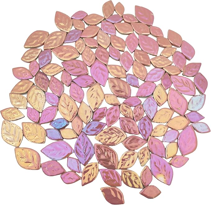 1.1LB Iridescent Leaves Ceramics Mosaic Tiles,Making Creative 3 Size Ceramic Mosaic Pieces for DIY Craft,Flowerpots,Vases,Cups,Garden Decor Mosaic Making Supplies (Pink)