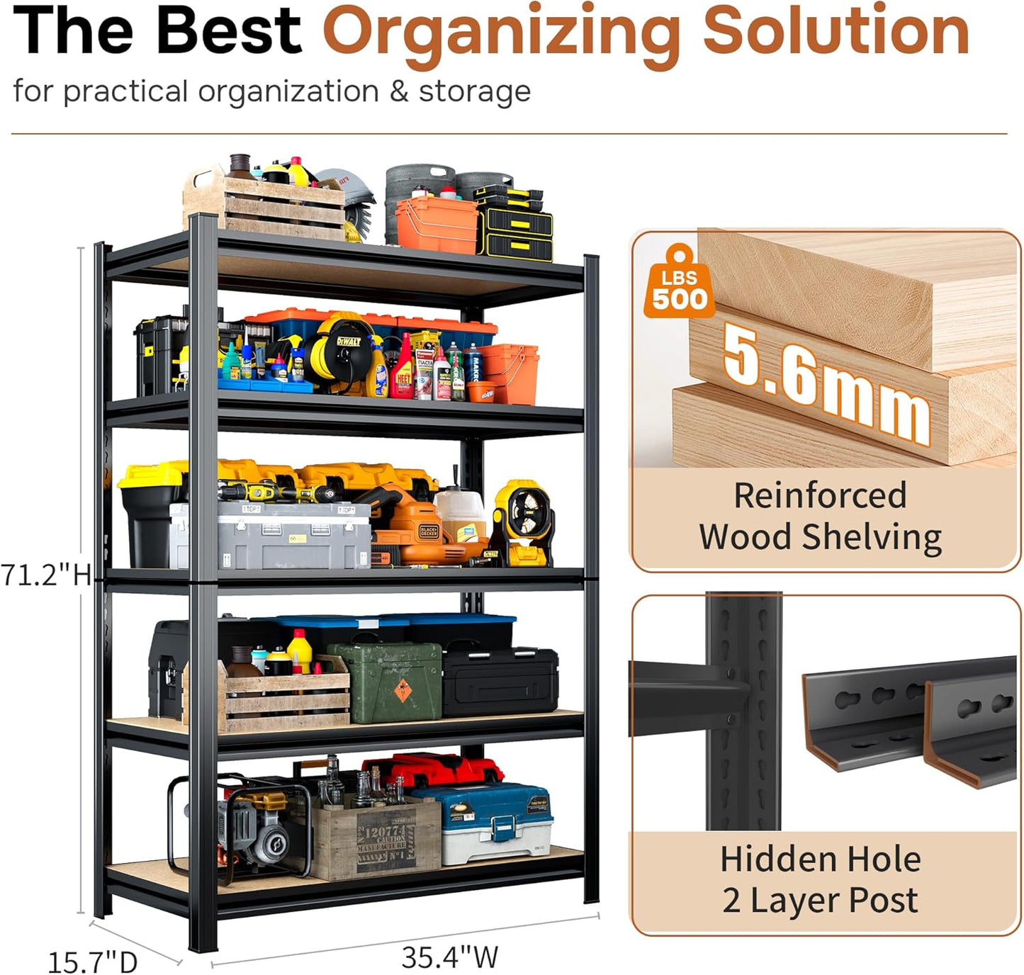 2500LBS Garage Shelving Heavy Duty 35.4"W Storage Shelves 5 Tier Heavy Duty Shelving Adjustable Garage Shelves for Basement, Warehouse, Commercial, Easy Assemble, 35.4" W x 71.2" H x 15.4" D