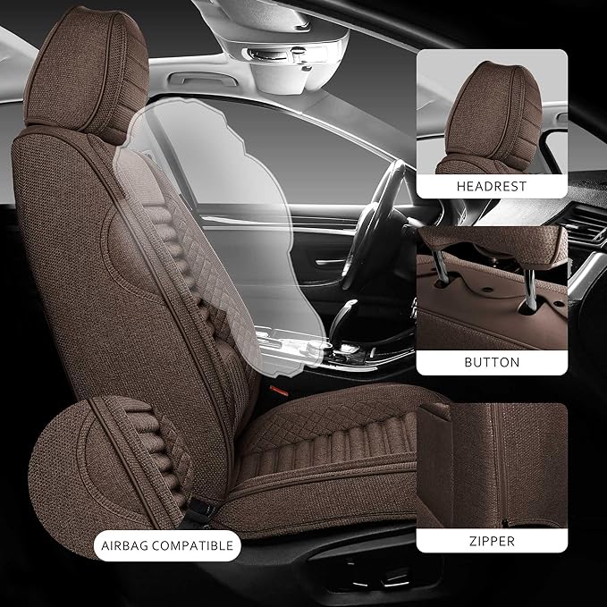 Car Seat Covers Full Set, 5 Seats Universal Linen Vehicle Cushion for Automotive Front and Rear, Seat Protectors Fit for Most SUV Truck Sedans Pick-up Jeep, Airbag Compatible (Brown)