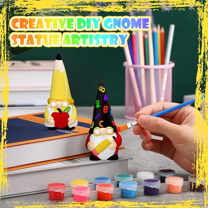 Seenelling 2 Sets Ready to Paint Your Own Gnome School Gnome Ceramics to Paint Teacher Appreciation Gifts 4'' Unpainted Ceramic Figurine Kit for Teacher DIY Art Crafts Office Desk Home Table Decor