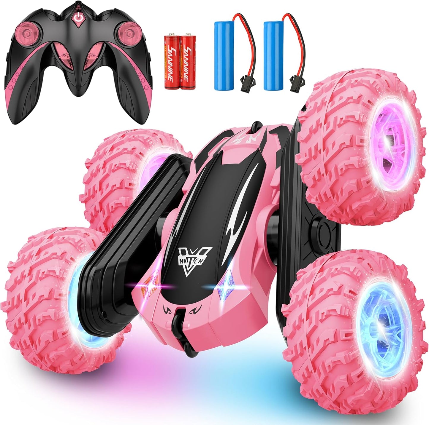 Remote Control Car, 2.4GHz RC Stunt Car, Double Sided 360° Rotating RC Cars with LED Headlight & LED Wheel, High Speed Off Road RC Crawler Xmas Gift for 3 4 5 6 7 8-12 Year Old Girls Toys (Pink)