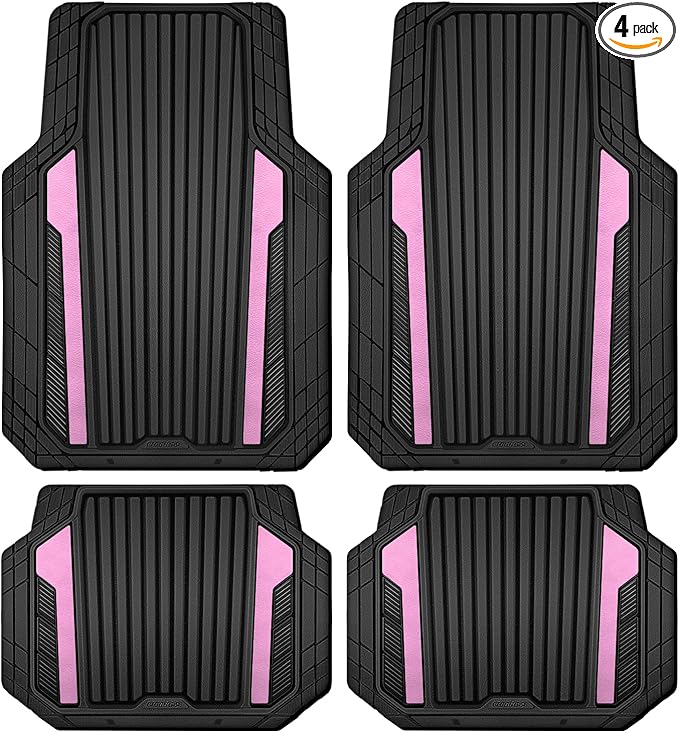 CAR PASS Heavy Duty Rubber Car Mats Metallic, Aluminum Film Cute All Weather Floor Mats Waterproof Universal Trim to Fit for SUV Sedan Van 4 Piece Deep Dish Two-Tone Sporty Black Light Pink Chrome
