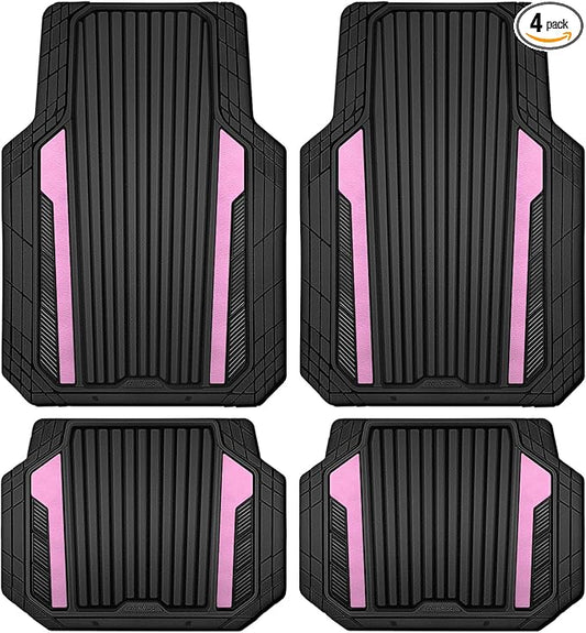 CAR PASS Heavy Duty Rubber Car Mats Metallic, Aluminum Film Cute All Weather Floor Mats Waterproof Universal Trim to Fit for SUV Sedan Van 4 Piece Deep Dish Two-Tone Sporty Black Light Pink Chrome
