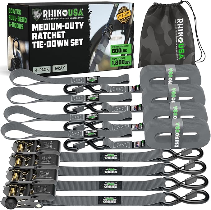 Rhino USA Ratchet Straps Tie Downs (4-Pack) - 1 Inch x 15 Feet (1,823lb Break Strength) - Ultimate Tie Down Straps with Safety S Hooks - for Trucks, Cargo, Moving, Appliances - Grey