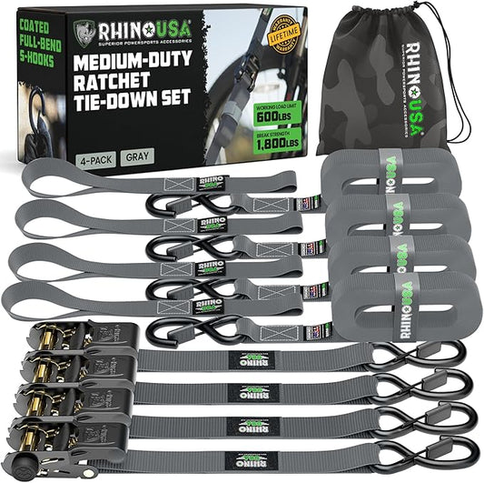 Rhino USA Ratchet Straps Tie Downs (4-Pack) - 1 Inch x 15 Feet (1,823lb Break Strength) - Ultimate Tie Down Straps with Safety S Hooks - for Trucks, Cargo, Moving, Appliances - Grey