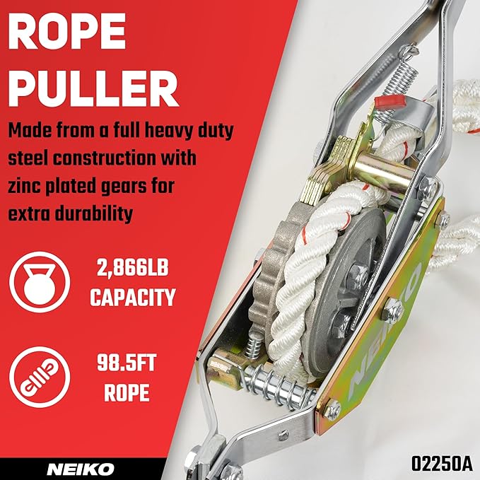 NEIKO 02250A Rope Puller, 3/4-Ton (1,500 lbs) Pulling Capacity, 98Ft, 2 Hook, Heavy Duty Power Cable Come Along Tool with Dual Gears, Hand Winch Cable, Automotive Hoist Winch Puller, Recovery Gear