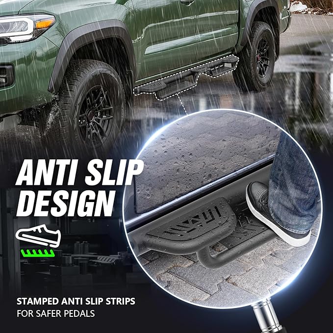 Three Raised Steps Double & Crew Cab Running Boards Compatible with 2005-2023 Toyota Tacoma Double Cab & Crew Cab Side Steps (4 Full-Size Doors), Two Stair Design Side Rail Nerf Bar Rock Slider
