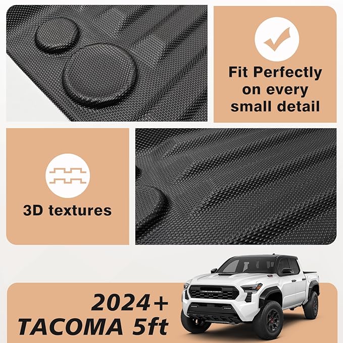 TripleAliners Truck Bed Mat Compatible with 2024 2025 2026 Toyota Tacoma Accessories 5FT Vehicle Perfectly Flush All Weather Protection TPE Heavy Duty Pickup Car Bed Cargo Mat