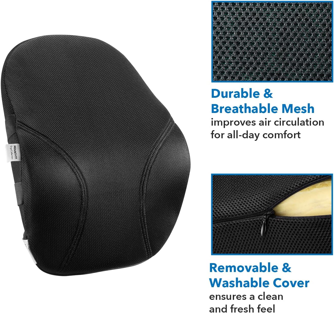 Mount-It! Office Chair Cushion, Lumbar Support Pillow for Office Chair, Back Support Pillow for Desk Chair, Gaming, Home or Car with Memory Foam Filling, Relief Back Pain Improve Posture, Black Large