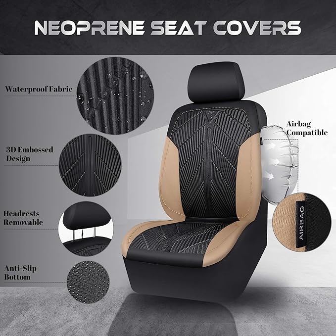 CAR PASS Waterproof Black Beige Car Seat Covers Front Seat Covers Neoprene Wetsuit,All-Weather Non-Slip Durable,Universal Fit for SUV Sedans Trucks Automotive,Airbag Compatible,3D Emboss Black Beige