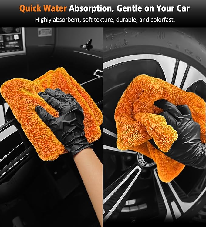 YeewayVeh 3 Pack Car Drying Towel, 24" x 36" Double Twisted Loop Car Drying Towels Extra Large, 16" x 16" Edgeless Microfiber Drying Towel and Absorbent Waffle Weave Towels for Cars Truck SUV, Orange