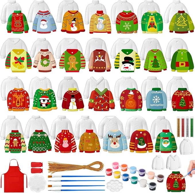 TecUnite 28 Pcs Ceramic to Paint Christmas Ornament Crafts Adults Unpainted DIY Ceramic Figurines Decorate and Paint Your Own Ornaments Kits DIY Craft Xmas Holiday Activities(Ugly Sweater)