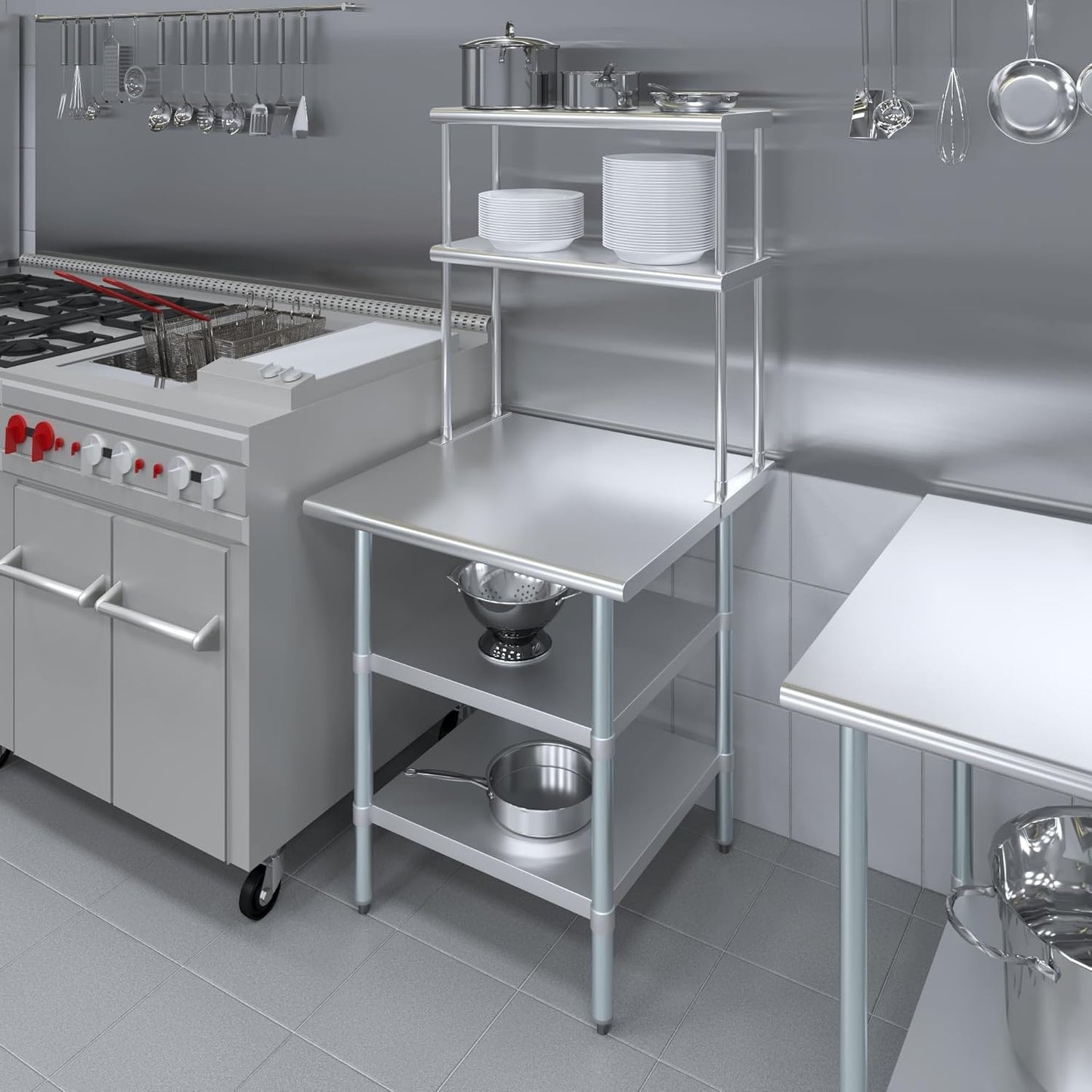 Amgood Stainless Steel Work Table with 2 Shelves | Metal Kitchen Prep Table & Shelving Combo (30" x 30" Table with 2 Shelves + 12" Overshelf)