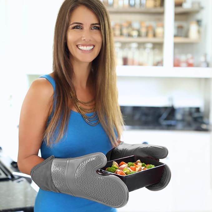 BPA-Free Soft Silicone Oven Mitts - Ultra Heat Resistant Oven Mitts with Thick Cotton Liner - Extra Long Slip Resistant Pot Holders, Flexible Oven Gloves - Gray 14.7"