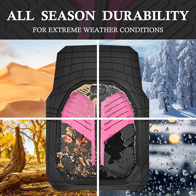 CAR PASS Heavy Duty Rubber Car Mats, Deep Dish Car Floor Mats All Weather, Car Mats Full Set 3-Piece Trim to Fit for Sedans SUVs Trucks,Women Waterproof Anti-Slip Automotive Mats, V12 Black and Pink