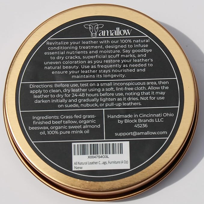 All Natural Leather Conditioner Balm - Made with Mink Oil, Tallow, & Beeswax, Protects, Softens Restores and Waterproofs Leather Shoes, Boots, Bags, Furniture (4 Oz)