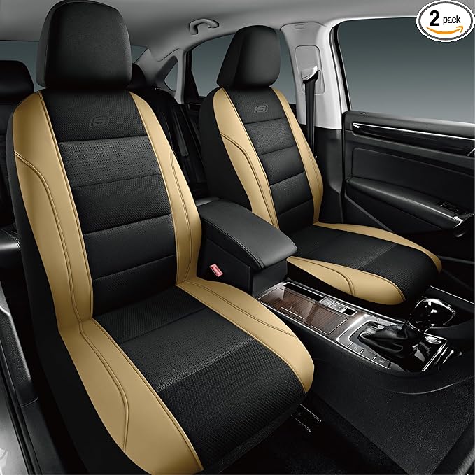 Skechers Aircooled & Memory Foam Car Seat Covers,Premium Leather with EVA Mesh Seat Covers, Front car seat Protector, Airbag Compatible, Automotive Comfort for Most Cars, Vans, Trucks, SUV,Biege