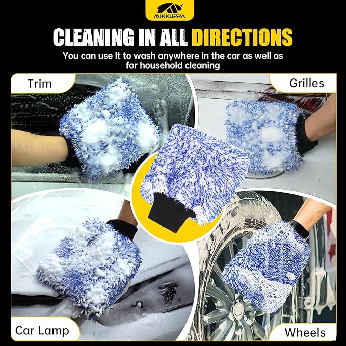 MIKKUPPA Microfiber Car Wash Mitt - Double-Sided Ultra Absorbent Scratch Free Premium Blend Glove for Car Washing Home Cleaning (Blue & Black, 8Pack, 11'' x 8'')