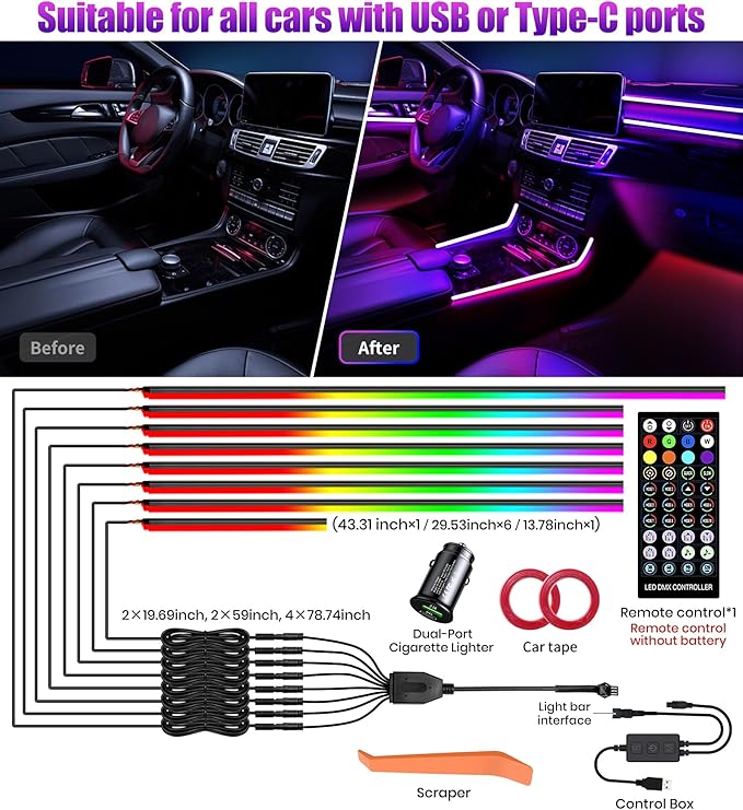KENANEK 234’’ Acrylic Car Ambient Lighting Kit – 8 RGB LED Light Strips, APP/Remote/Control Box, Music Sync, Dual USB Cigarette Lighter, Universal Fit for Car/SUV/Truck